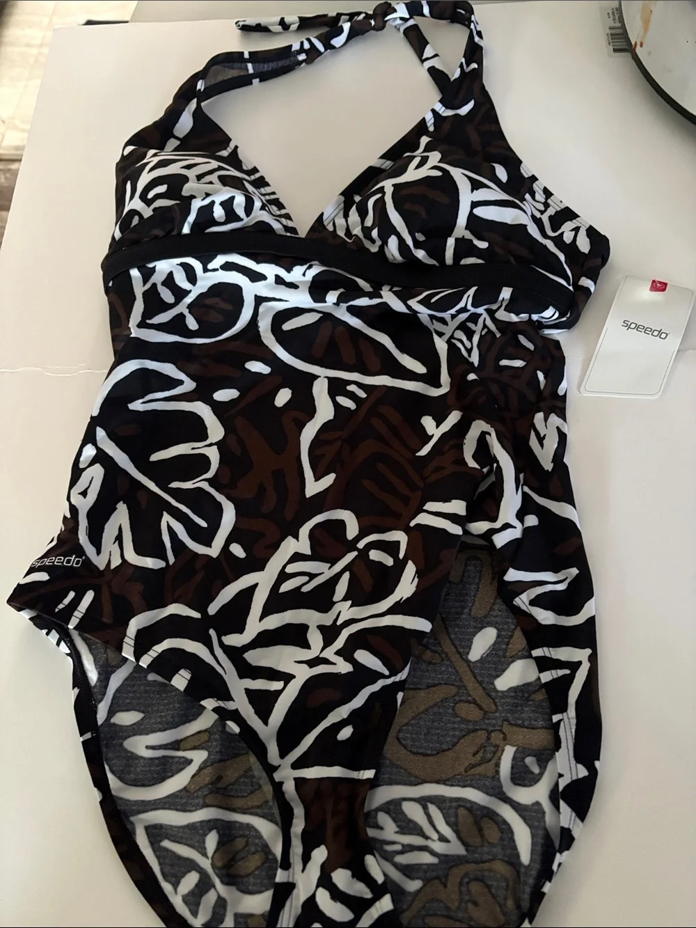 Speedo Black, White & Brown Floral Halter One-Piece Swimsuit